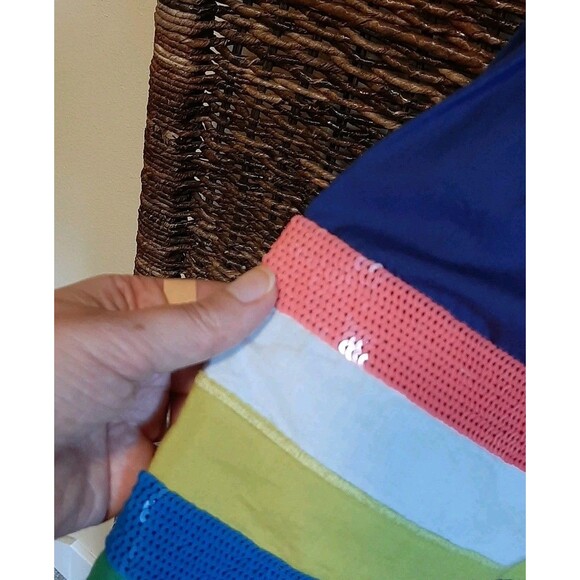 Mini Boden Sequin Tank Dress Girls 9-10 Blue Rainbow Striped Colorblock Preppy - Picture 5 of 8